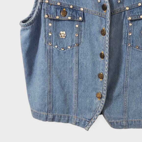 Vintage Sag Harbor Denim Floral Rhinestone Vest Medium Western Festival Indie - Picture 3 of 9